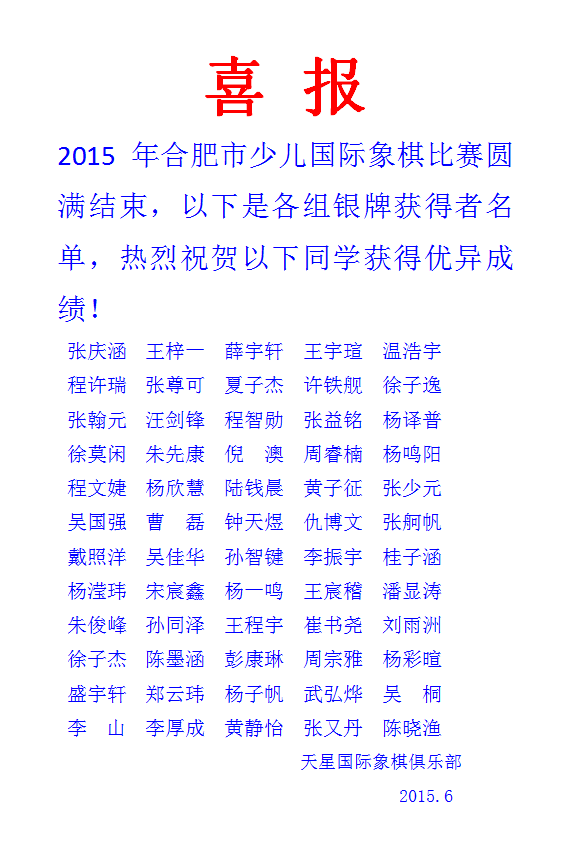 喜 报2  2015年合肥市少儿国际象棋比赛
