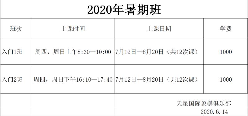 2020年暑期培训时间表